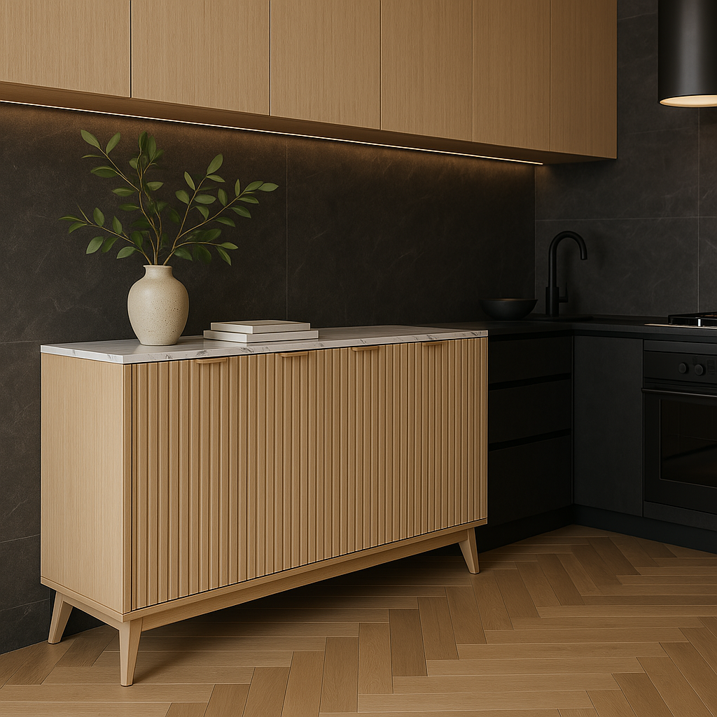 QueenFun Cabinson Natural Oak Sideboard Buffet Cabinet with Faux Stone Finish Top & 4 Doors