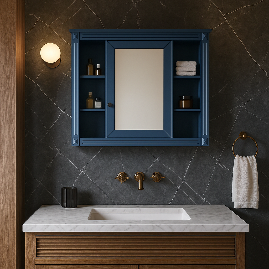 FUNKOL Blue Wall Mounted Bathroom Cabinet with Mirror and Storage Dividers