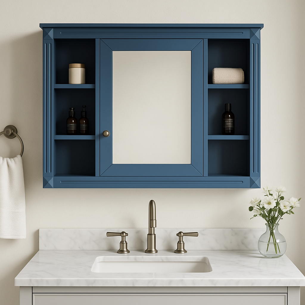 FUNKOL Blue Wall Mounted Bathroom Cabinet with Mirror and Storage Dividers