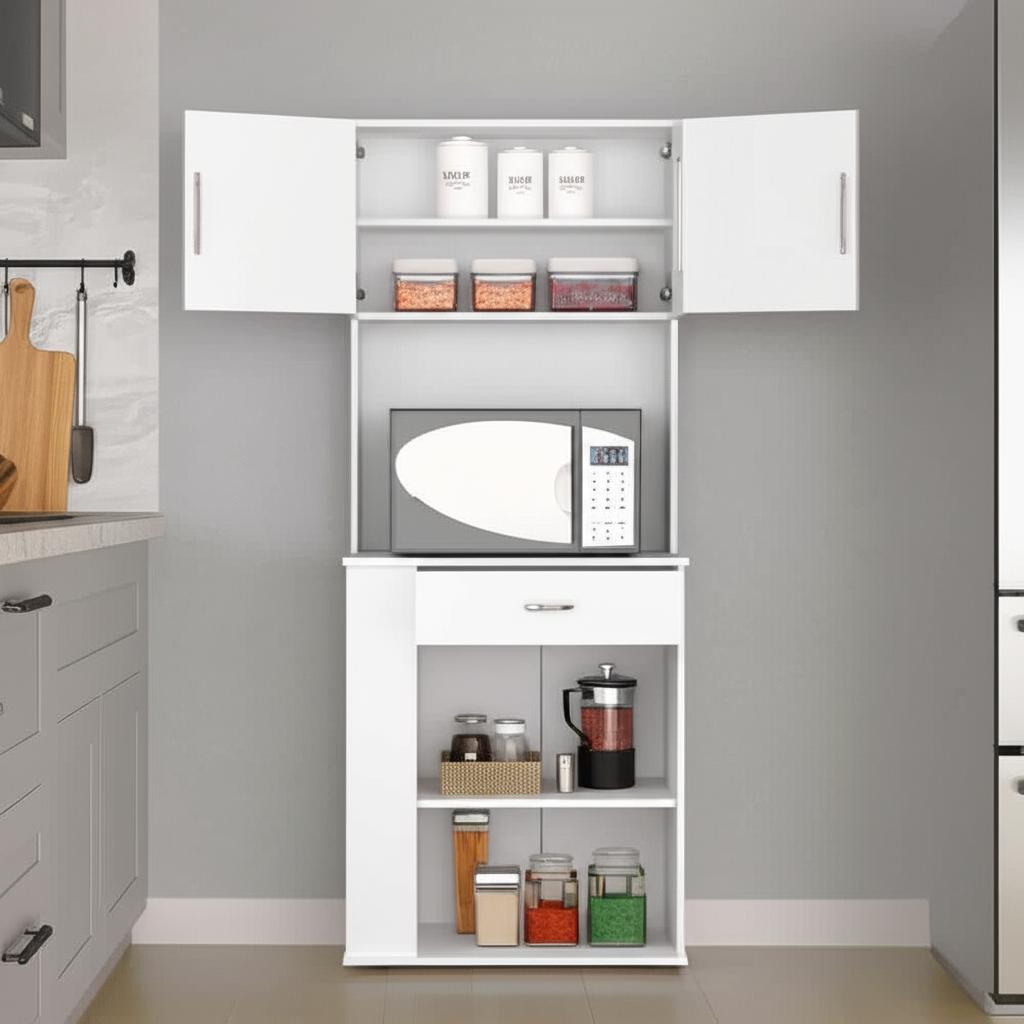 FUNKOL Ready to Assemble Pantry Cabinet with Shelves and Drawer, White