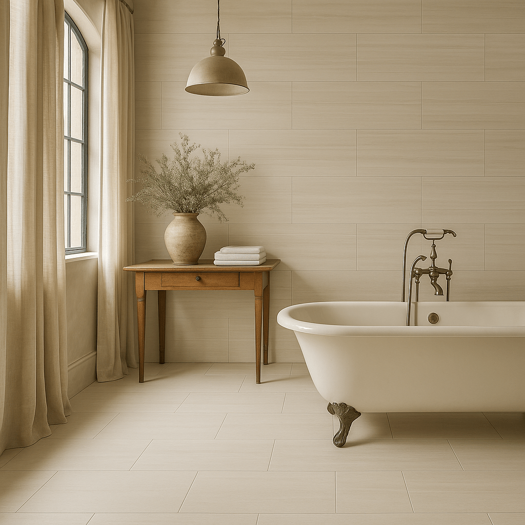 Montalcino Traverse Sand Polished Porcelain Tile - 12 x 24, Stone Look, Waterproof