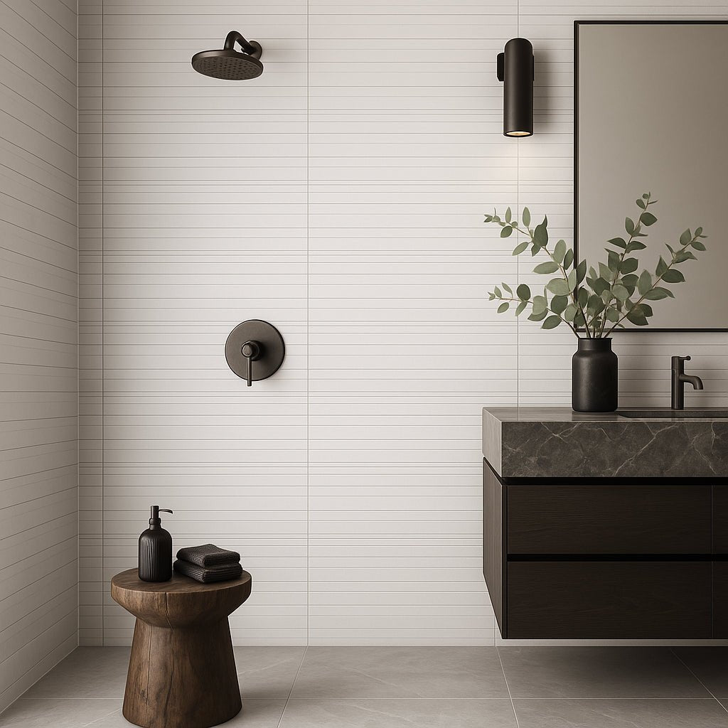 Dimensions Olympia Linear Ceramic Matte Tile - 16 x 47 Inches, White Matte Finish