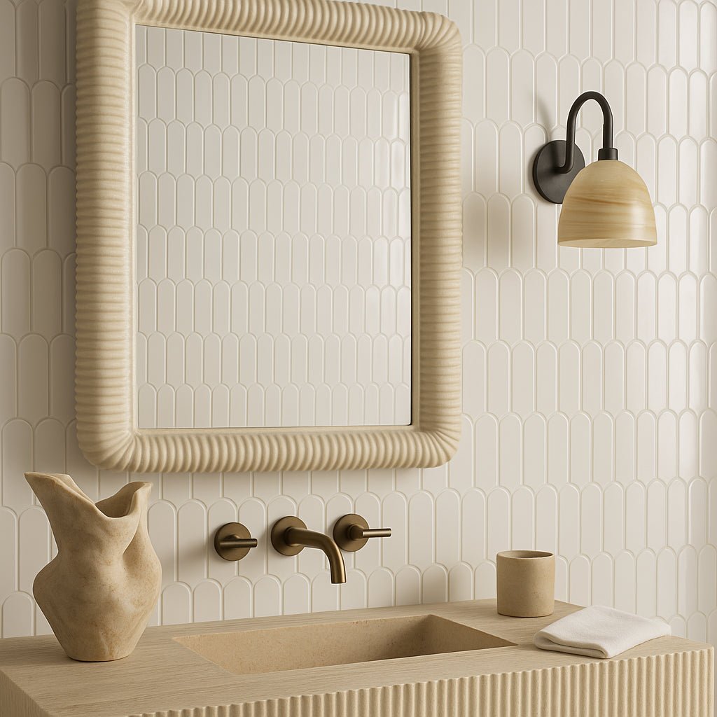 Festival White Scallop Porcelain Mosaic Tile - 13 x 13 Inches, High Gloss Finish, Durable Porcelain