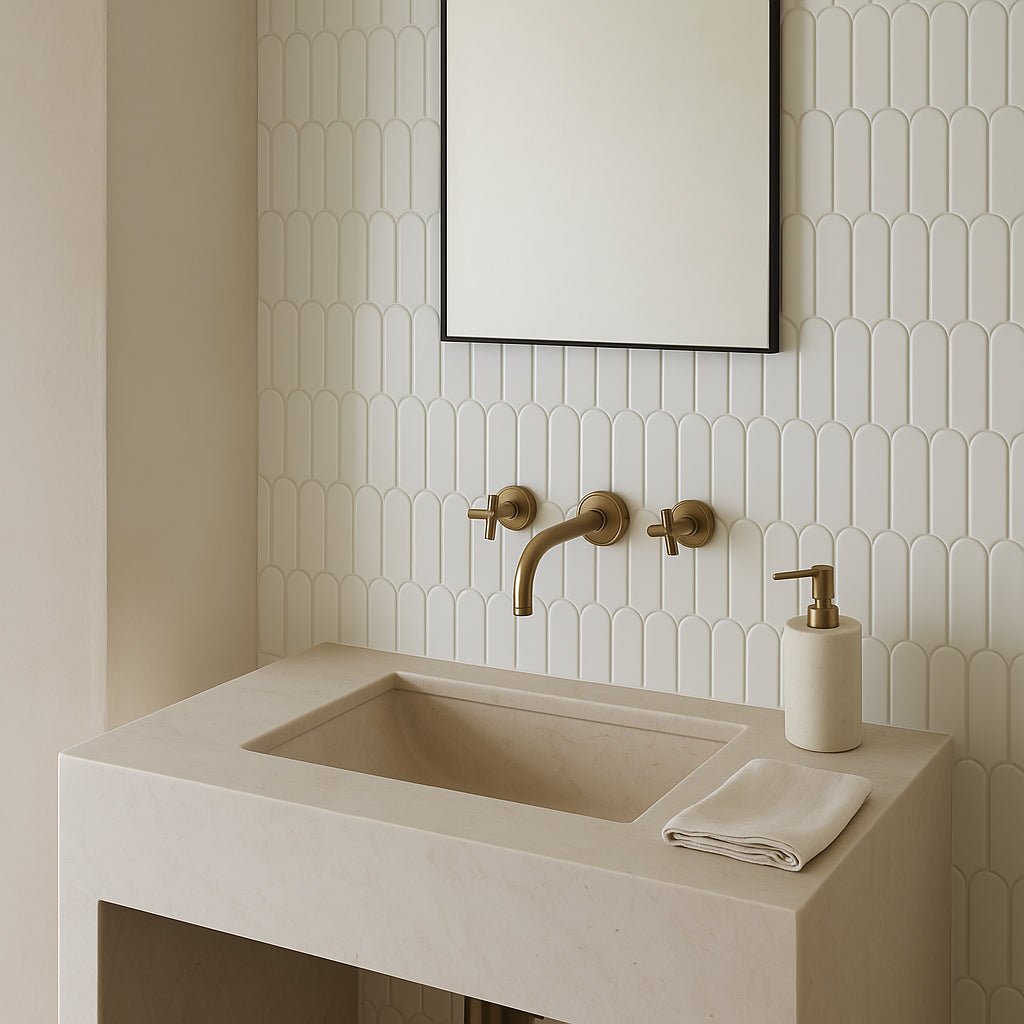 Festival White Scallop Porcelain Mosaic Tile - 13 x 13 Inches, High Gloss Finish, Durable Porcelain