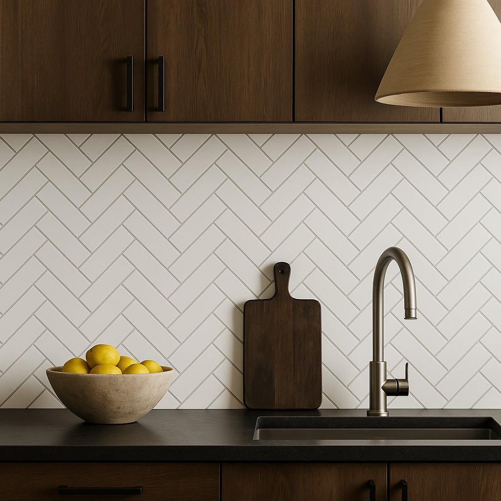 Festival Unglazed White Herringbone Porcelain Mosaic Tile - 8 x 12