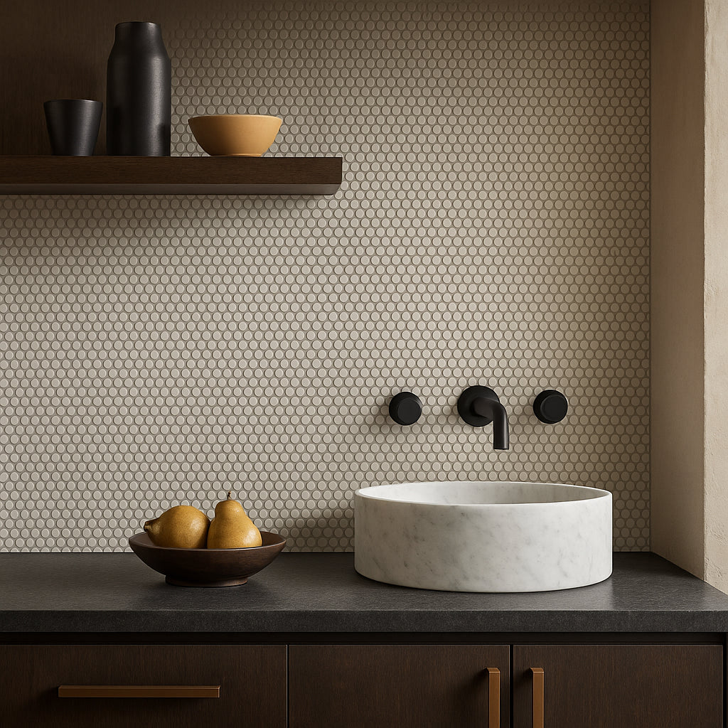Festival Unglazed White Penny Porcelain Mosaic Tile - 11 x 11