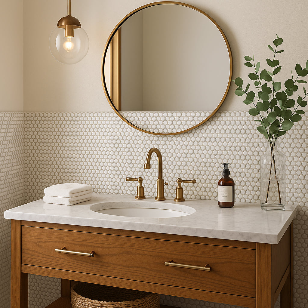 Festival Unglazed White Penny Porcelain Mosaic Tile - 11 x 11