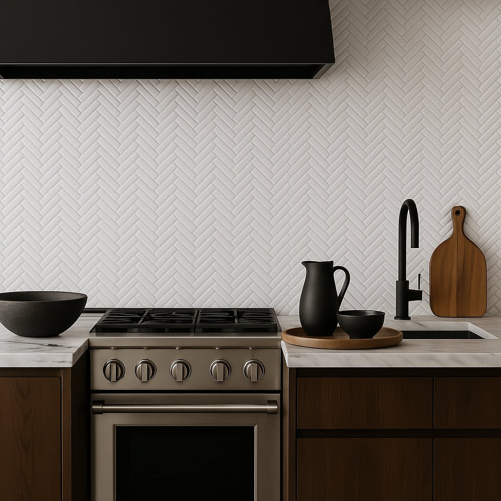 Pure Snow Herringbone Glass Mosaic Tile - 11 x 11 Polished White