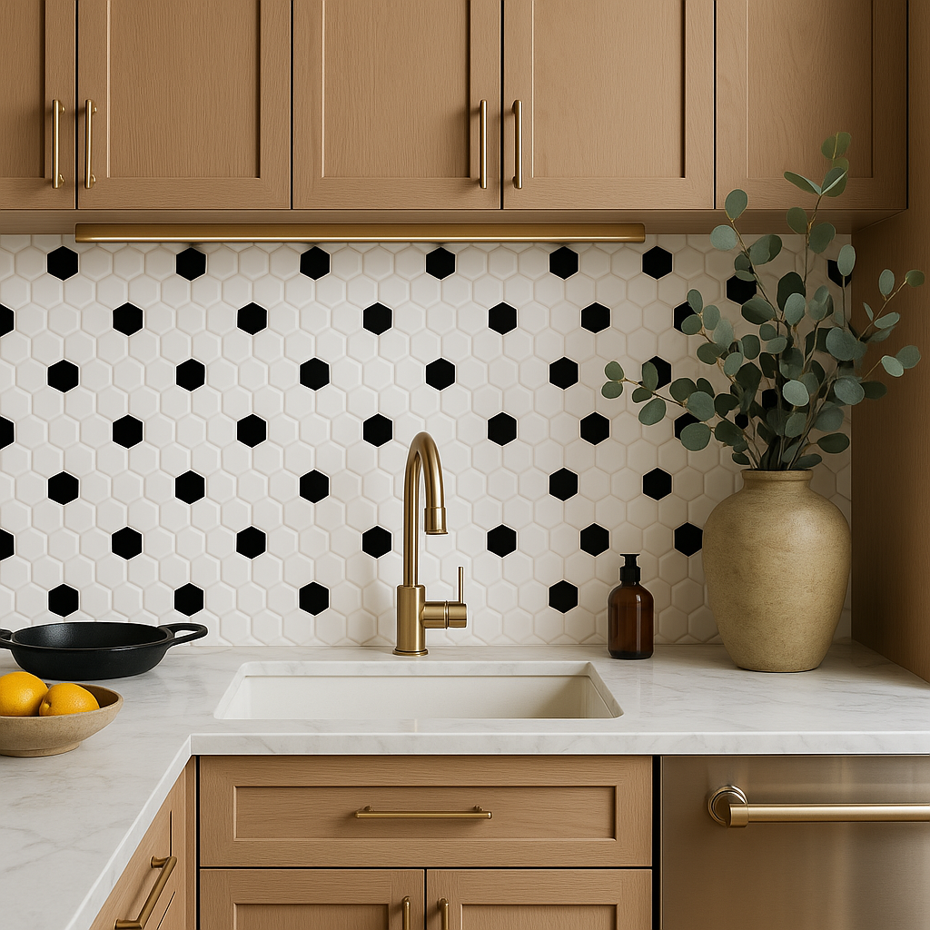Festival White and Black Hexagon Polished Porcelain Mosaic Tile - 11 x 12