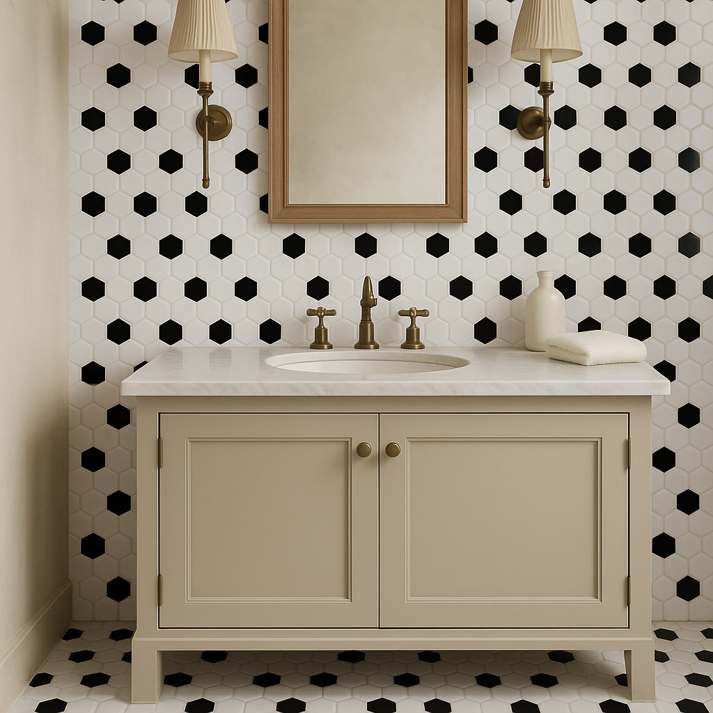 Festival White and Black Hexagon Polished Porcelain Mosaic Tile - 11 x 12