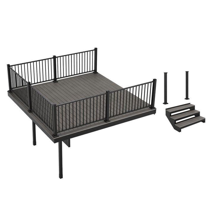 FORTRESS Apex Attached 12 ft x 12 ft Alaskan Driftwood PVC Deck Kit and 3-Step Stair Kit with Steel Framing and Aluminum Railing
