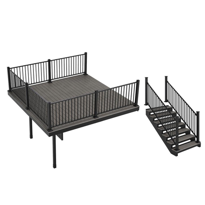 FORTRESS Apex Attached 12 ft x 12 ft Alaskan Driftwood PVC Deck Kit and 7-Step Stair Kit with Steel Framing and Aluminum Railing