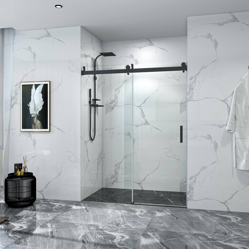 50-60 x 76 in. Single Sliding Frameless Shower Door in Matte Black with Soft-Closing and 3/8 in. Clear Glass