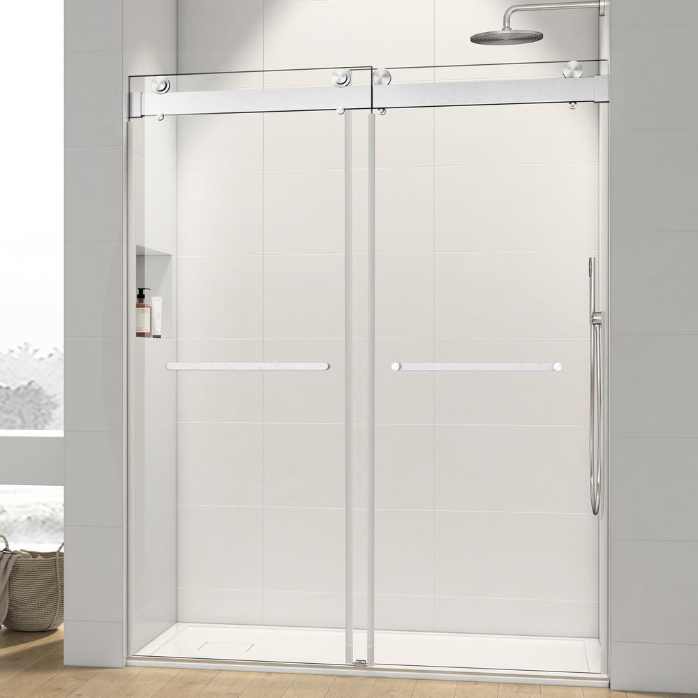 68 in. -72 in. W x 72 in. H Double-Sliding Frameless Shower Door in Brushed Nickle with Clear Glass Soft Closed