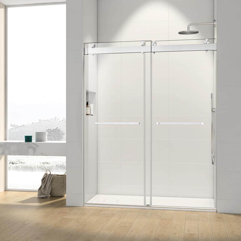 68 in. -72 in. W x 72 in. H Double-Sliding Frameless Shower Door in Brushed Nickle with Clear Glass Soft Closed