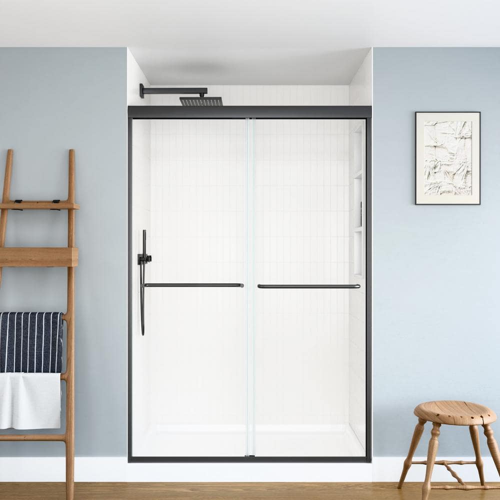 48 in. W x 70 in. H Double Sliding Framed Shower Door in Matte Black with SGCC 1/4 in. (6 mm) Tempered Clear Glass