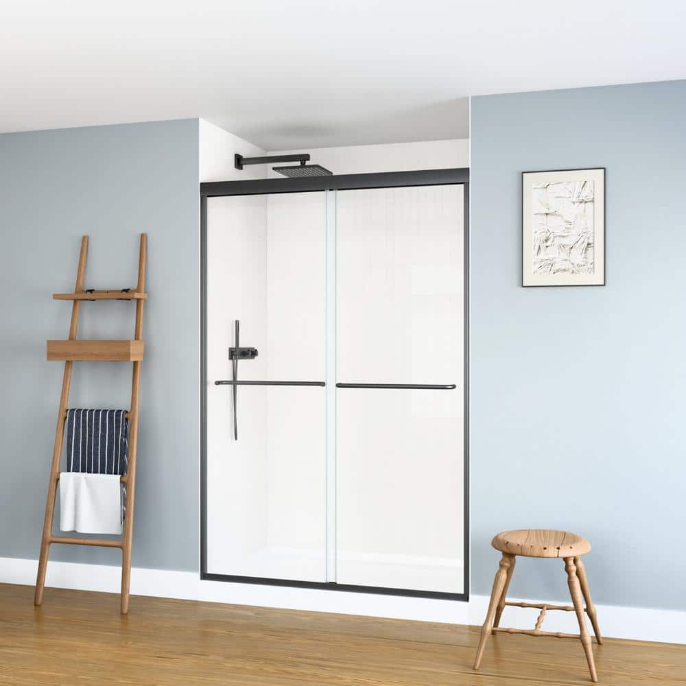 48 in. W x 70 in. H Double Sliding Framed Shower Door in Matte Black with SGCC 1/4 in. (6 mm) Tempered Clear Glass