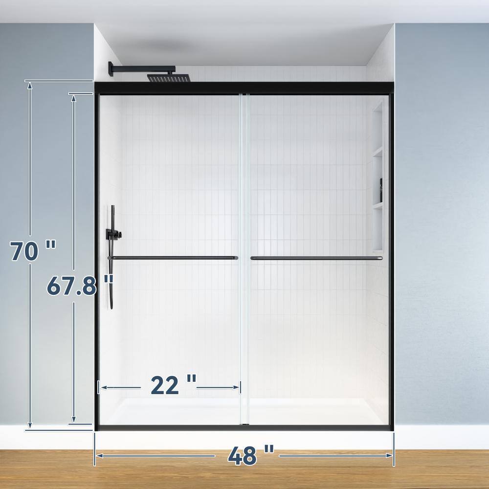 48 in. W x 70 in. H Double Sliding Framed Shower Door in Matte Black with SGCC 1/4 in. (6 mm) Tempered Clear Glass