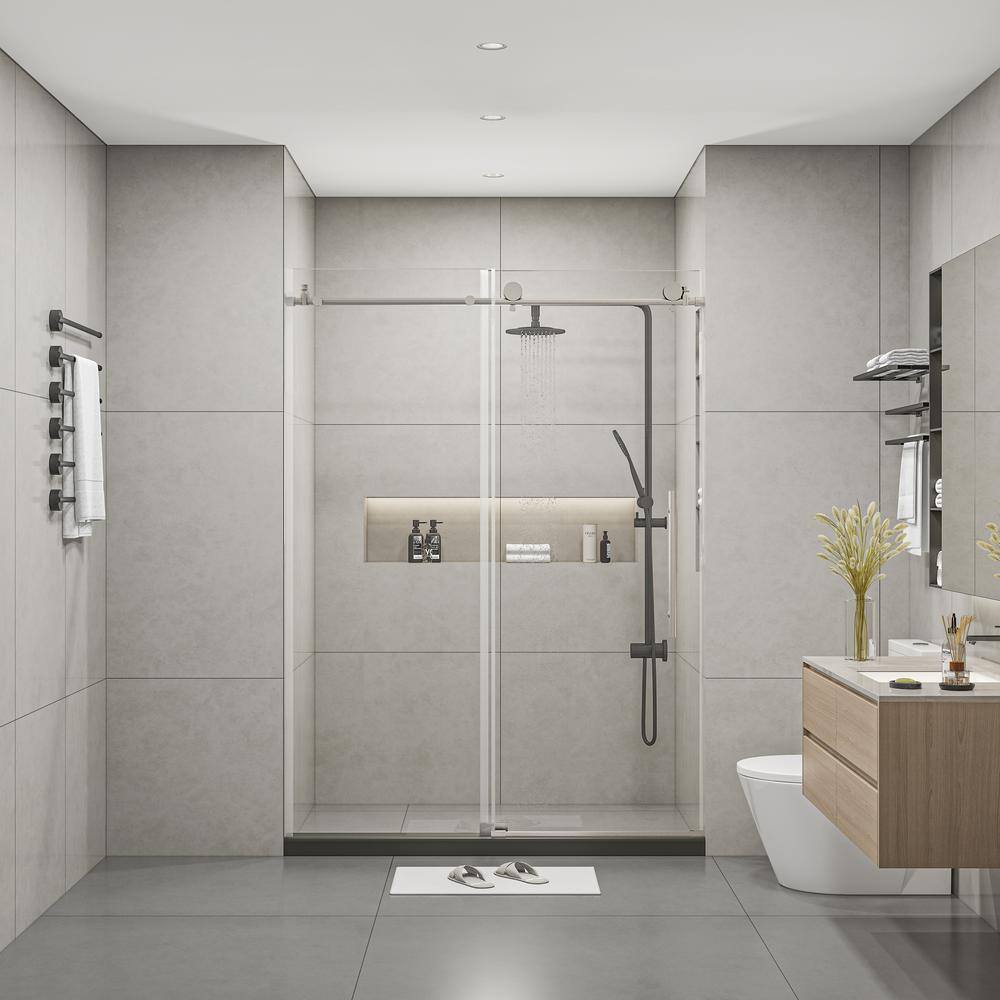 60 in. W x 76 in. H Sliding Frameless Shower Door in BrushedNickel Finish with Clear Glass