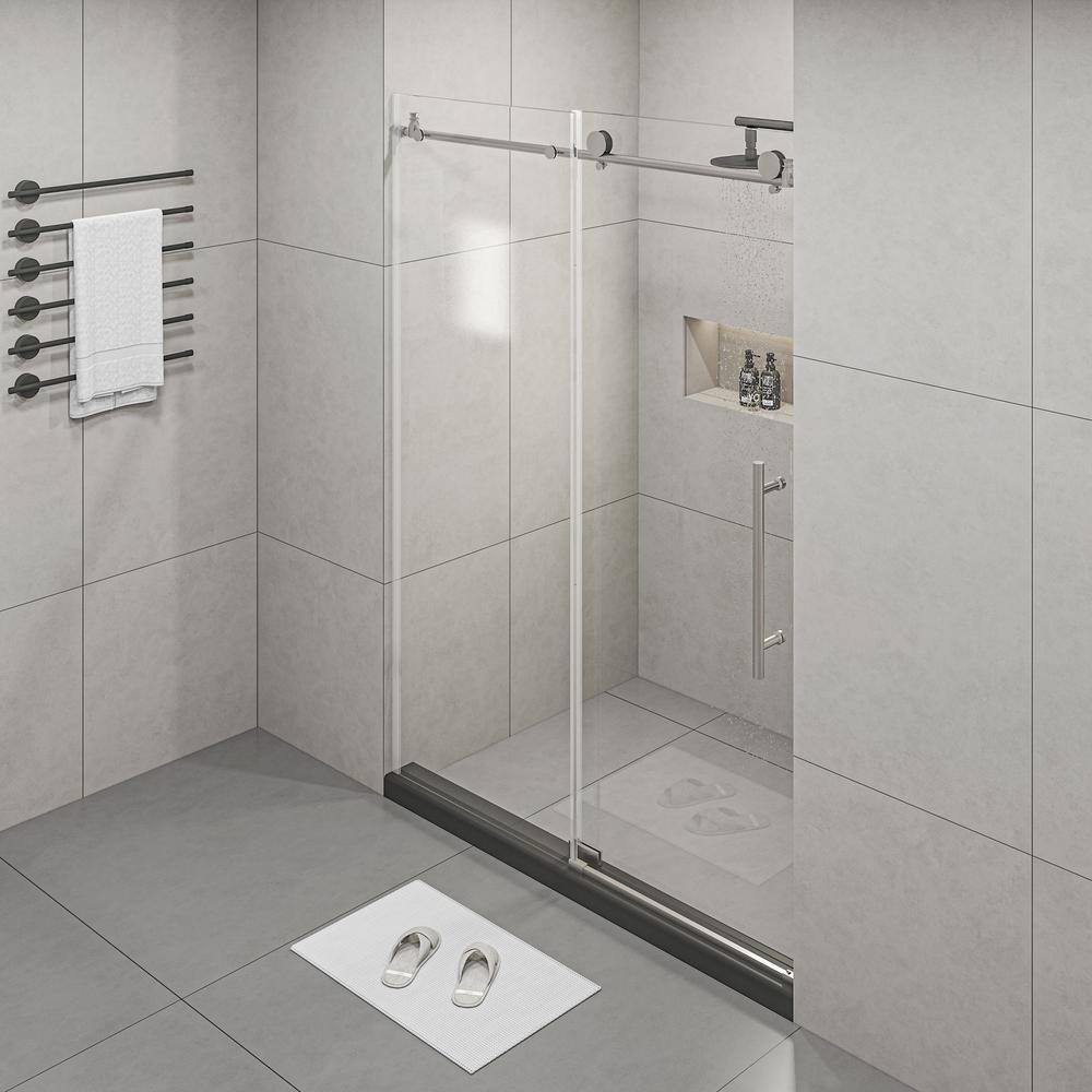 60 in. W x 76 in. H Sliding Frameless Shower Door in BrushedNickel Finish with Clear Glass
