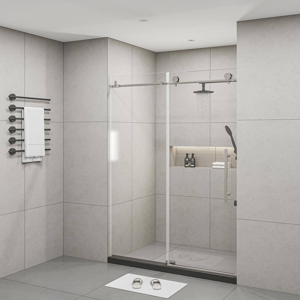 60 in. W x 76 in. H Sliding Frameless Shower Door in BrushedNickel Finish with Clear Glass