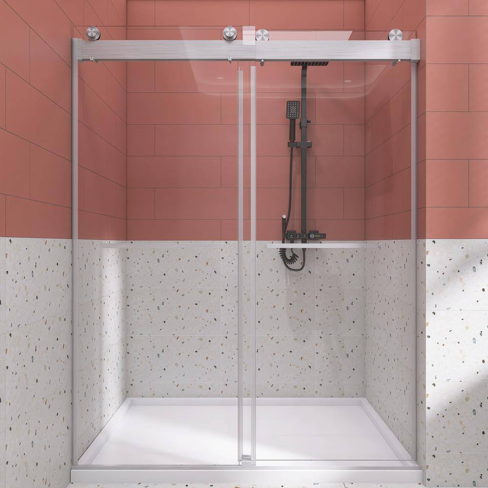 48 in. W x 76 in. H Sliding Frameless Shower Door in Brushed Nickel with Tampered Glass