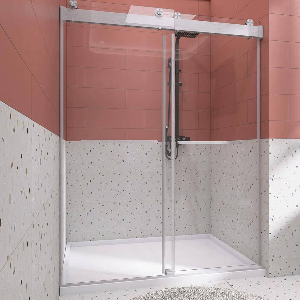 48 in. W x 76 in. H Sliding Frameless Shower Door in Brushed Nickel with Tampered Glass
