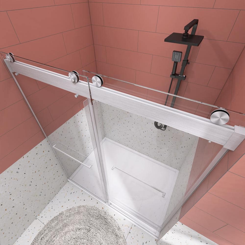 48 in. W x 76 in. H Sliding Frameless Shower Door in Brushed Nickel with Tampered Glass