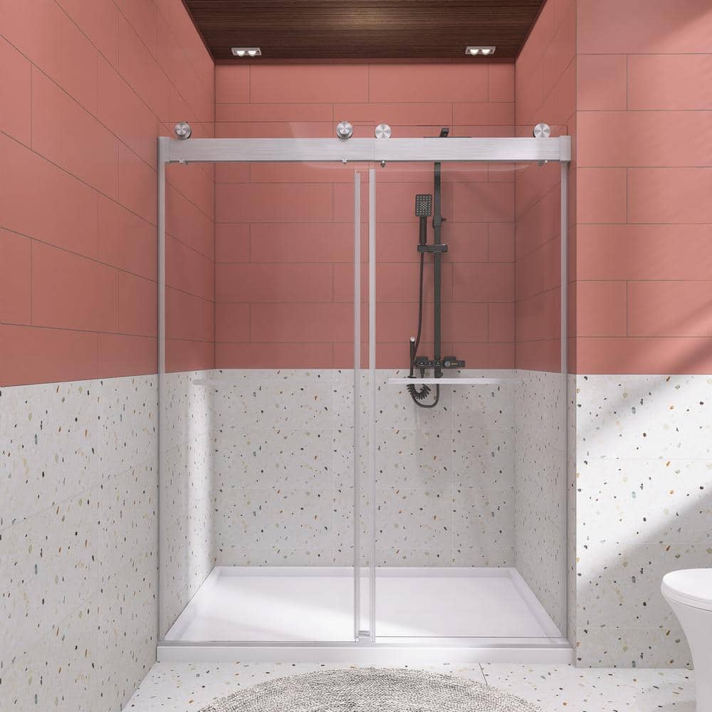 48 in. W x 76 in. H Sliding Frameless Shower Door in Brushed Nickel with Tampered Glass