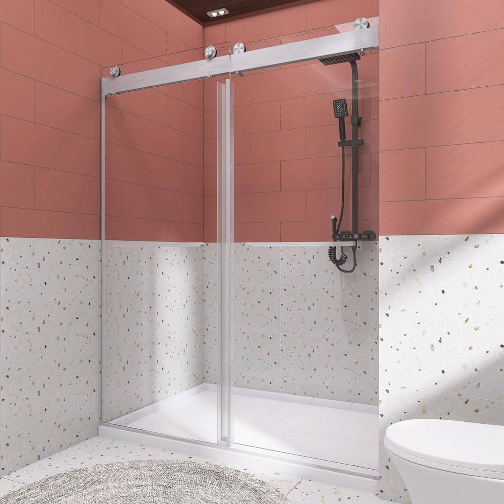 48 in. W x 76 in. H Sliding Frameless Shower Door in Brushed Nickel with Tampered Glass