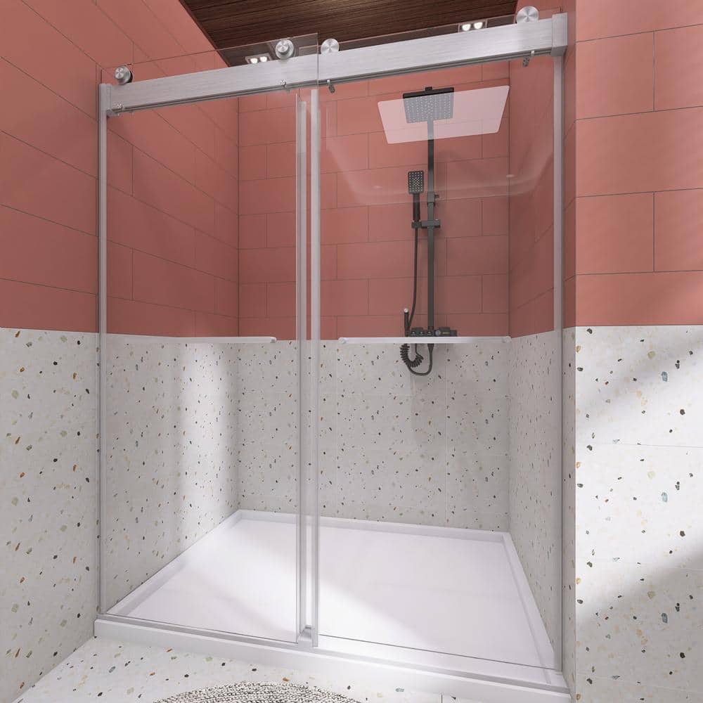 48 in. W x 76 in. H Sliding Frameless Shower Door in Brushed Nickel with Tampered Glass