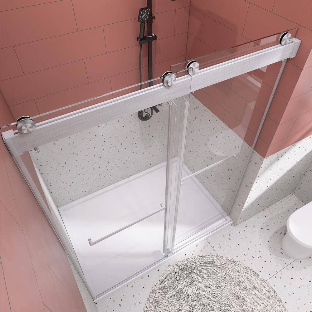 48 in. W x 76 in. H Sliding Frameless Shower Door in Brushed Nickel with Tampered Glass