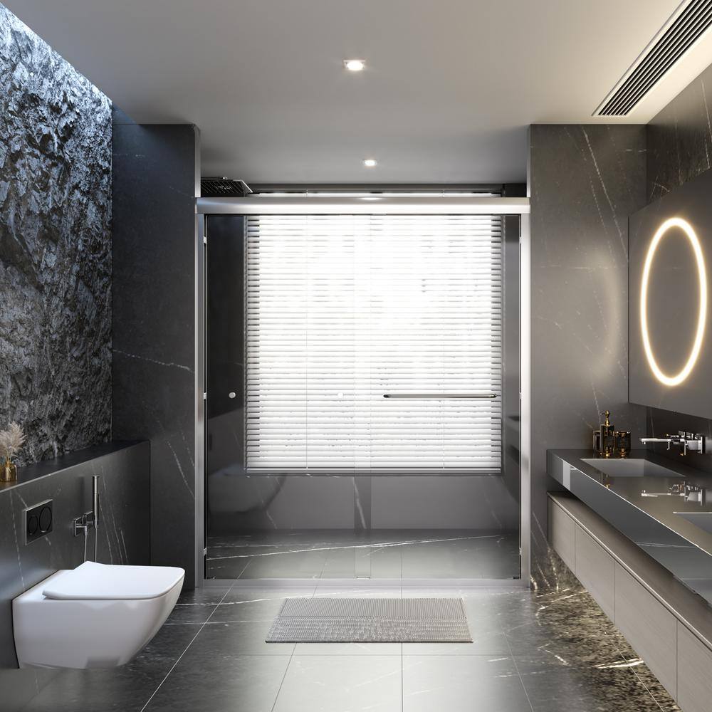 60 in. W x 70 in. H Semi-Frameless Double Sliding shower door in Chrome with Explosion Proof Film Tempered Glass