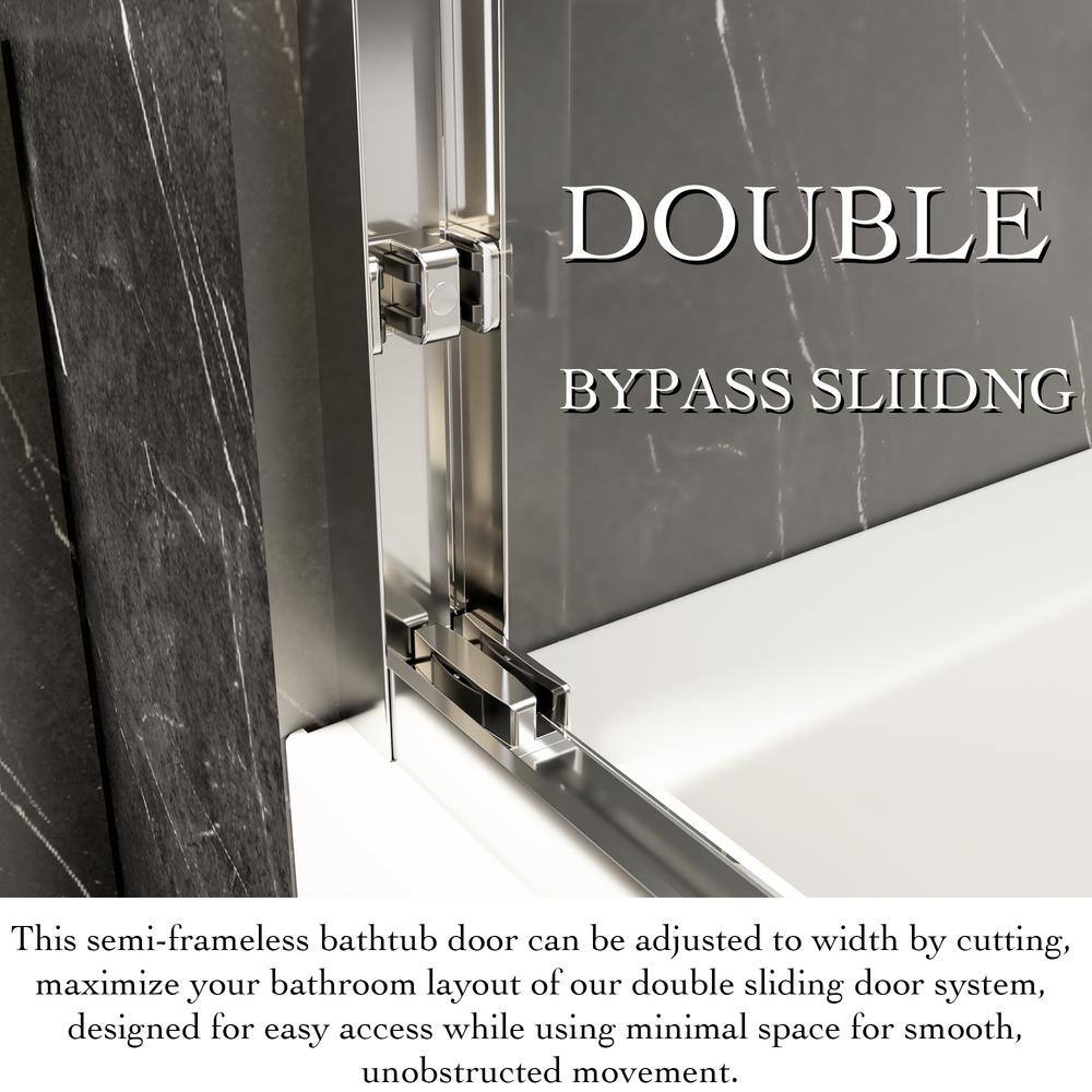 60 in. W x 70 in. H Semi-Frameless Double Sliding shower door in Chrome with Explosion Proof Film Tempered Glass
