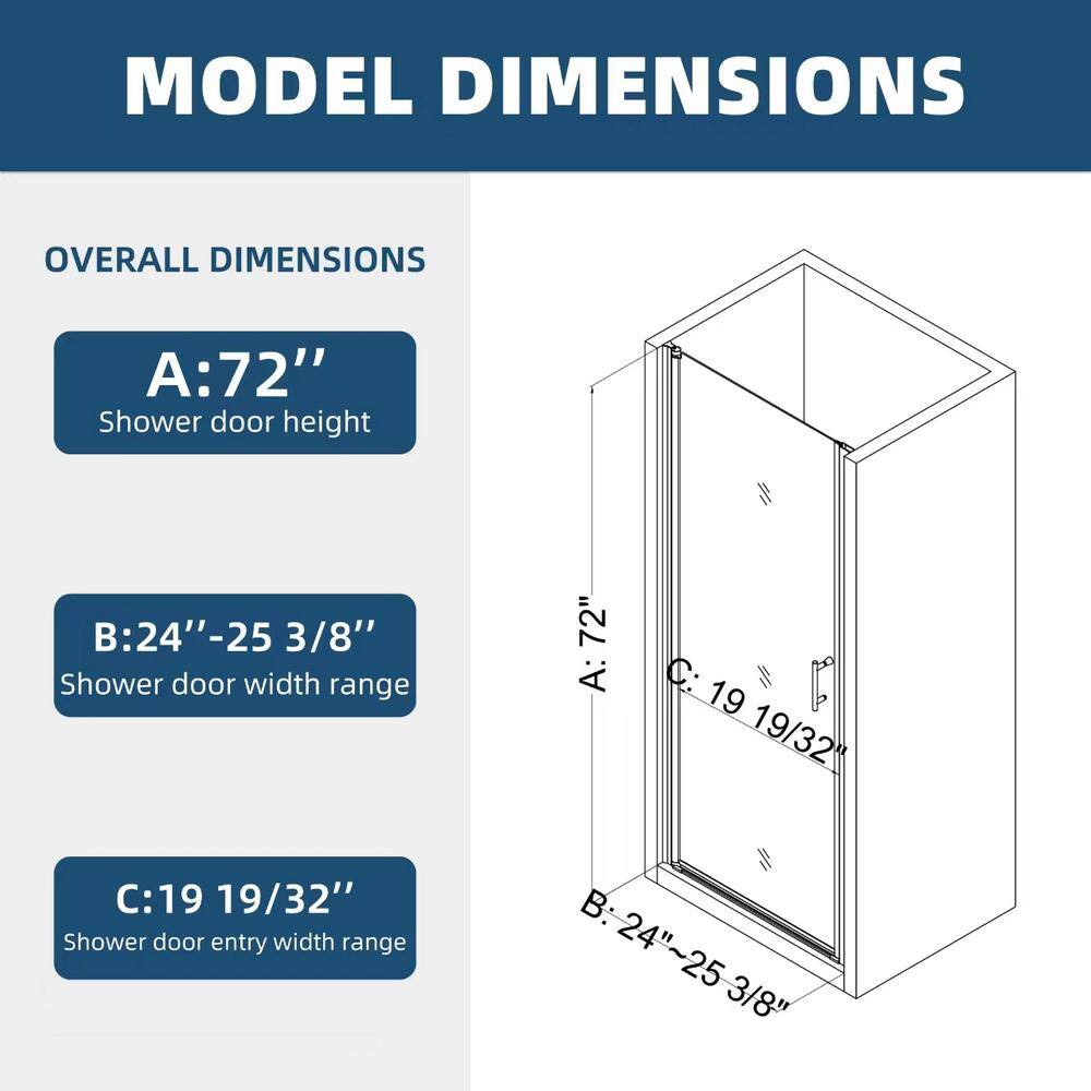 Unbranded 24 in. W x 72 in. H Pivot Semi-Frameless Shower Door in Chrome Finish with Clear Tempered Glass