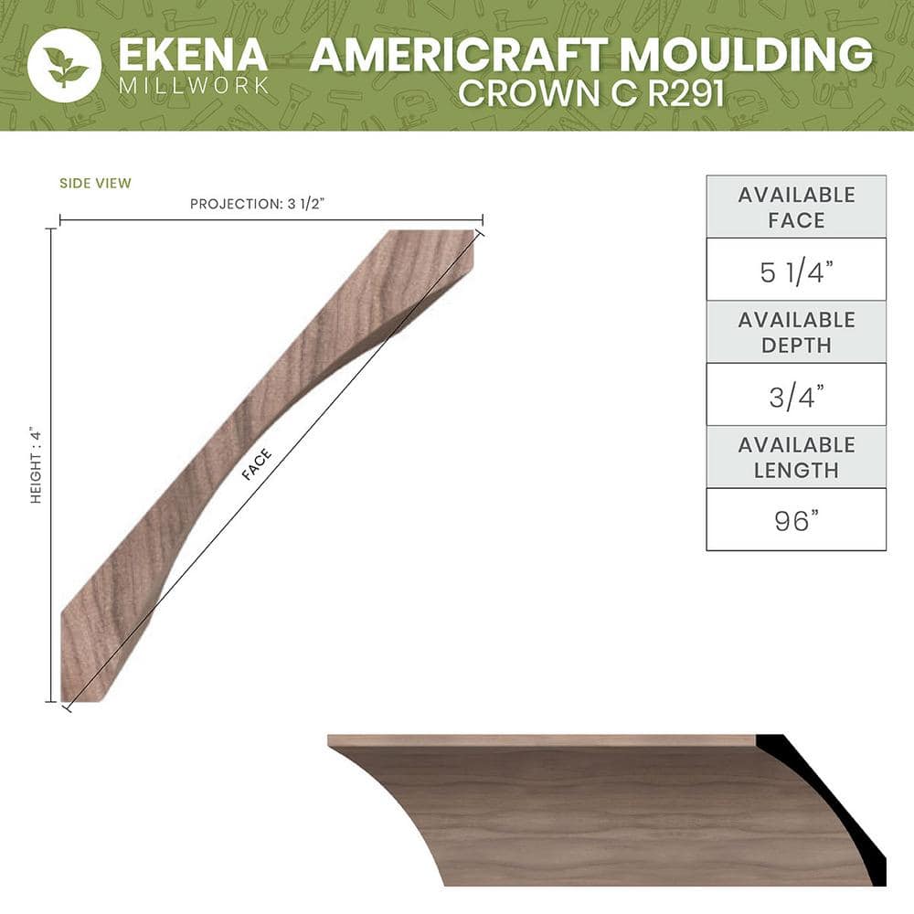 Ekena Millwork WM291 0.75 in. D x 5.25 in. W x 96 in. L Wood Alder Crown Moulding