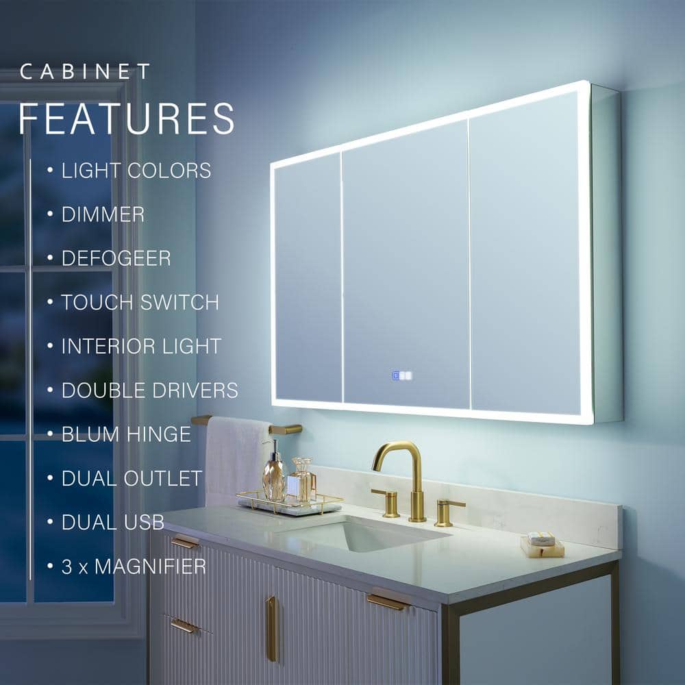 WELLFOR 48 in. W x 30 in. H Rectangular Aluminum Recessed/Surface Mount LED Medicine Cabinet with Mirror, 3x Magnifying Mirror