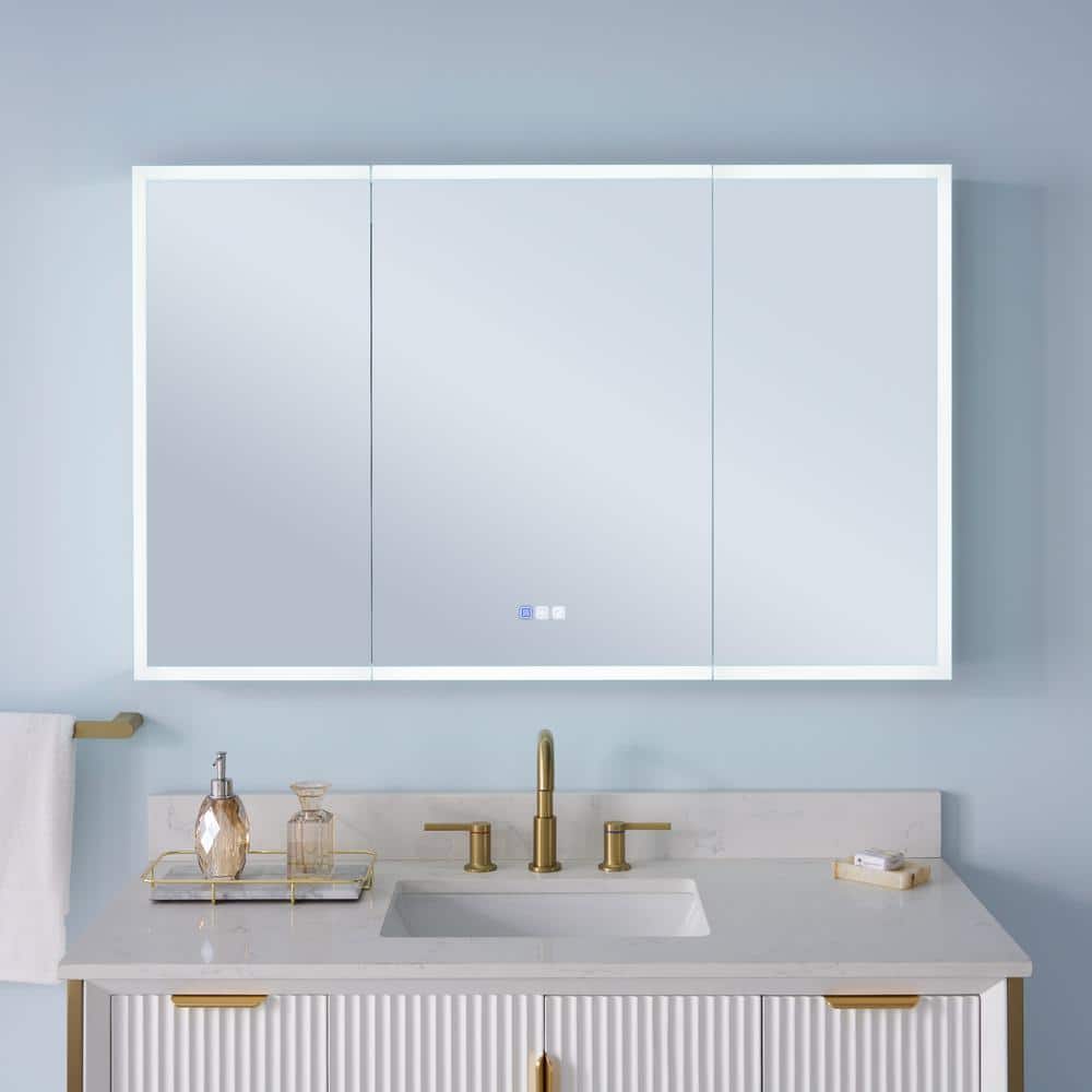 WELLFOR 48 in. W x 30 in. H Rectangular Aluminum Recessed/Surface Mount LED Medicine Cabinet with Mirror, 3x Magnifying Mirror
