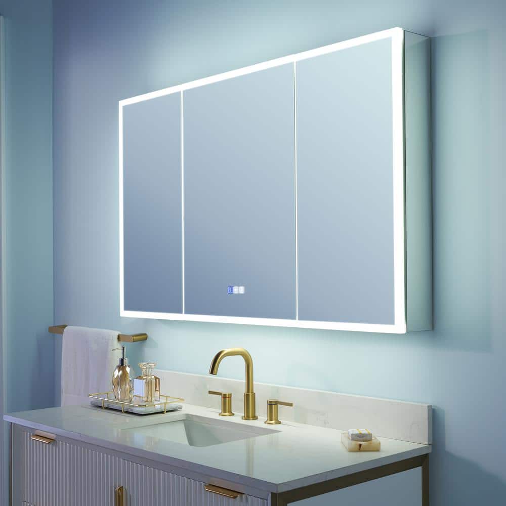 WELLFOR 48 in. W x 30 in. H Rectangular Aluminum Recessed/Surface Mount LED Medicine Cabinet with Mirror, 3x Magnifying Mirror