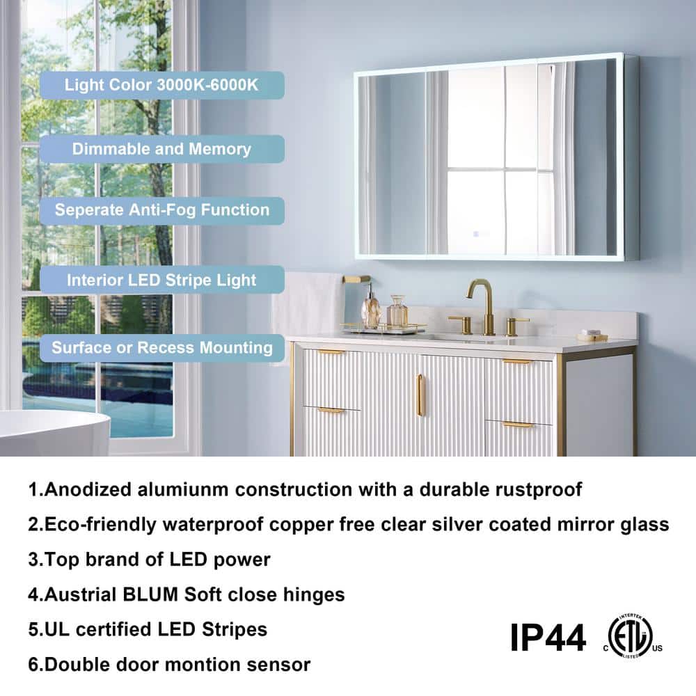 WELLFOR 48 in. W x 30 in. H Rectangular Aluminum Recessed/Surface Mount LED Medicine Cabinet with Mirror, 3x Magnifying Mirror