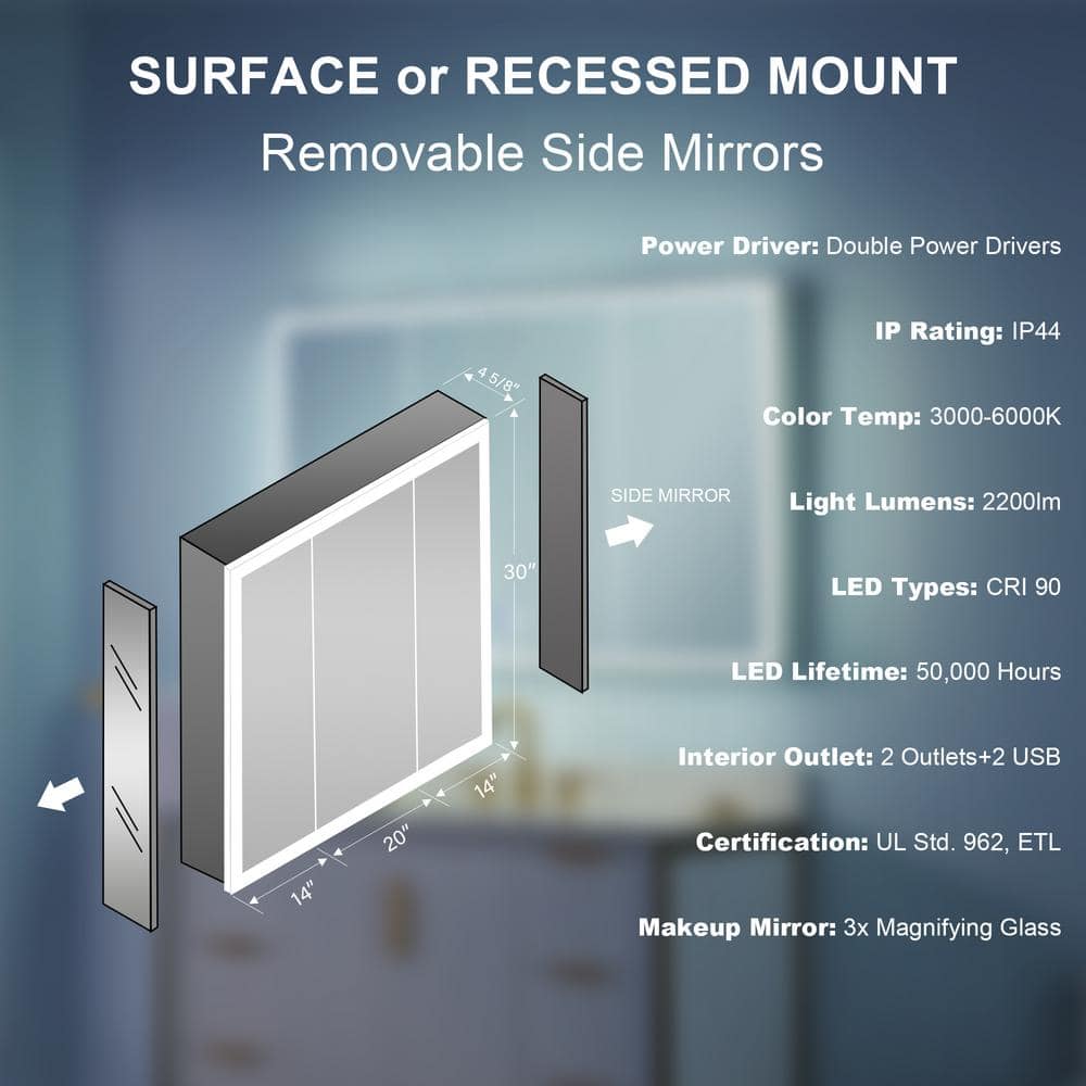 WELLFOR 48 in. W x 30 in. H Rectangular Aluminum Recessed/Surface Mount LED Medicine Cabinet with Mirror, 3x Magnifying Mirror