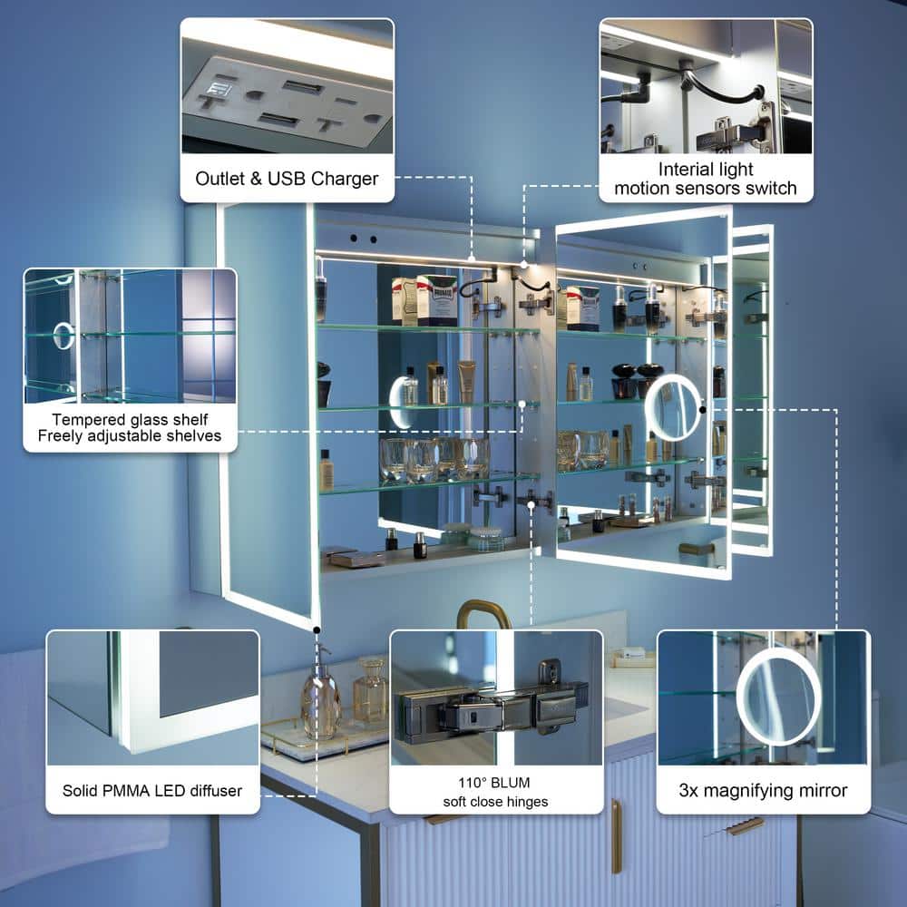 WELLFOR 48 in. W x 30 in. H Rectangular Aluminum Recessed/Surface Mount LED Medicine Cabinet with Mirror, 3x Magnifying Mirror