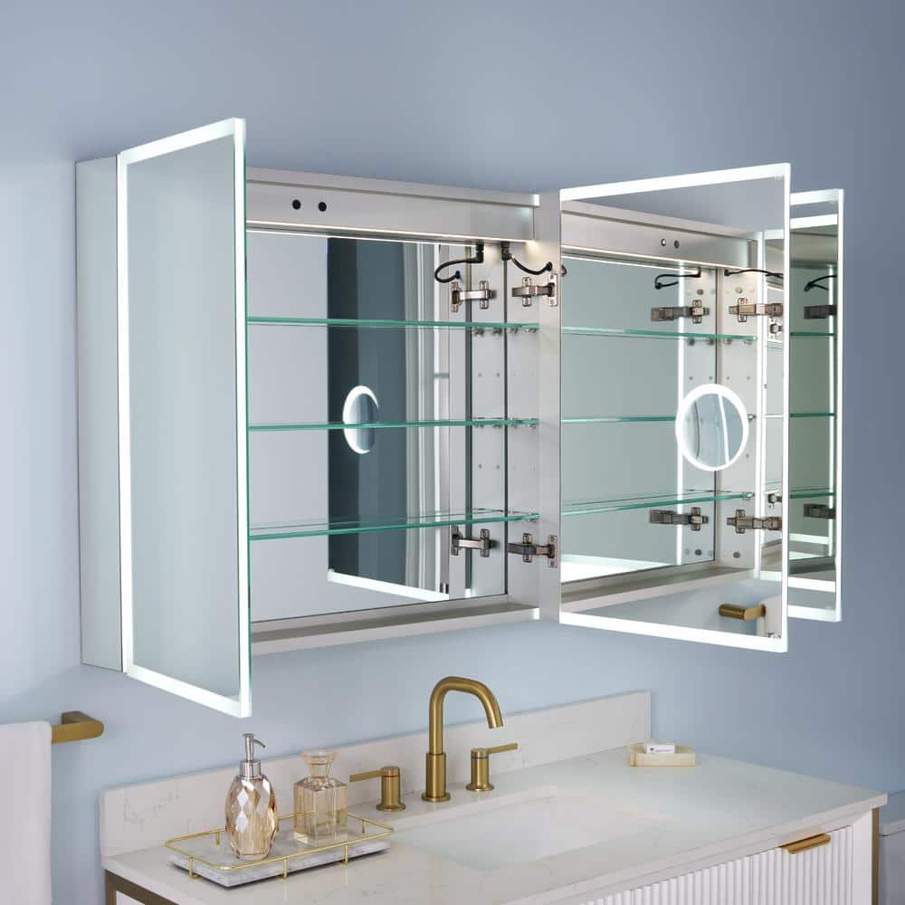 WELLFOR 48 in. W x 30 in. H Rectangular Aluminum Recessed/Surface Mount LED Medicine Cabinet with Mirror, 3x Magnifying Mirror