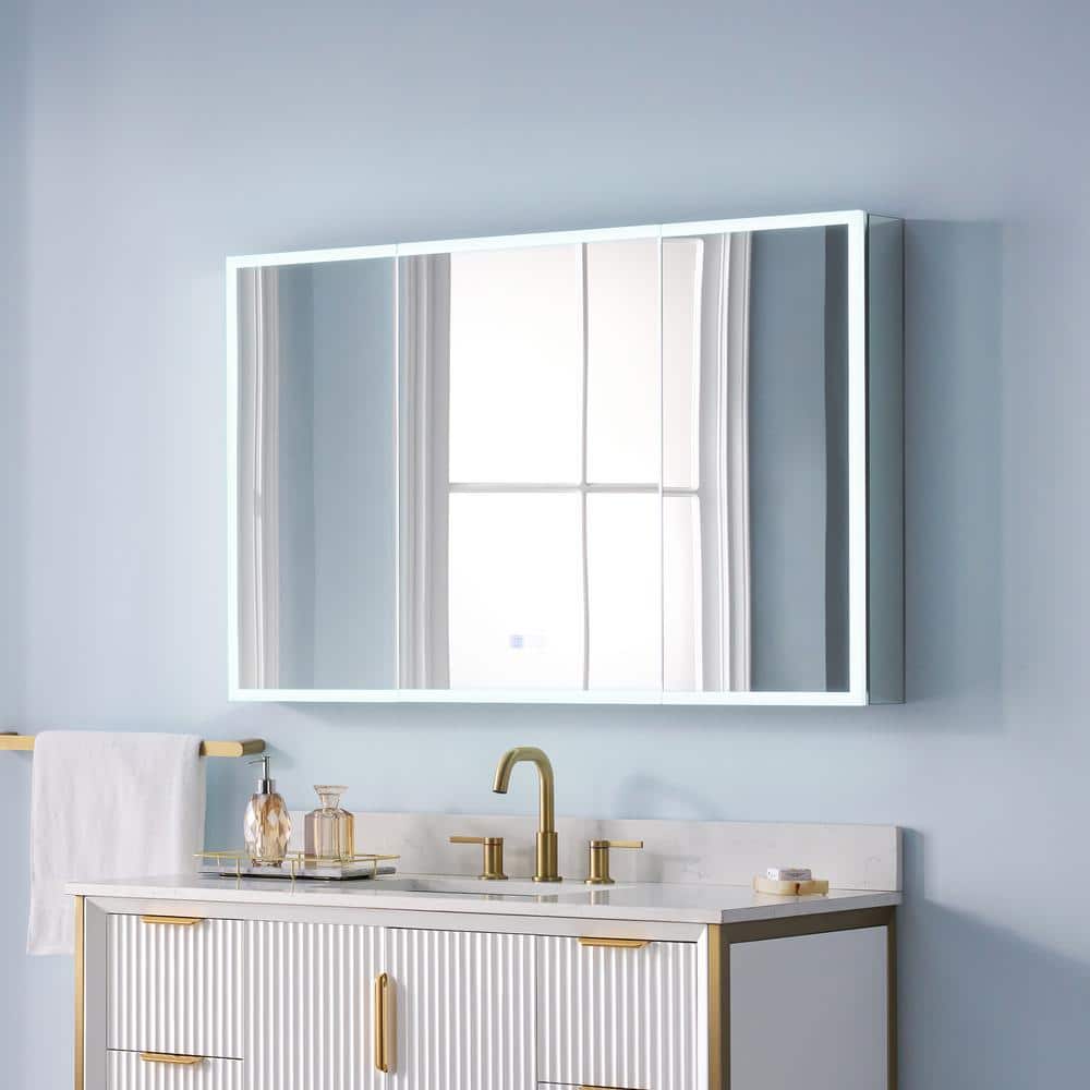 WELLFOR 48 in. W x 30 in. H Rectangular Aluminum Recessed/Surface Mount LED Medicine Cabinet with Mirror, 3x Magnifying Mirror