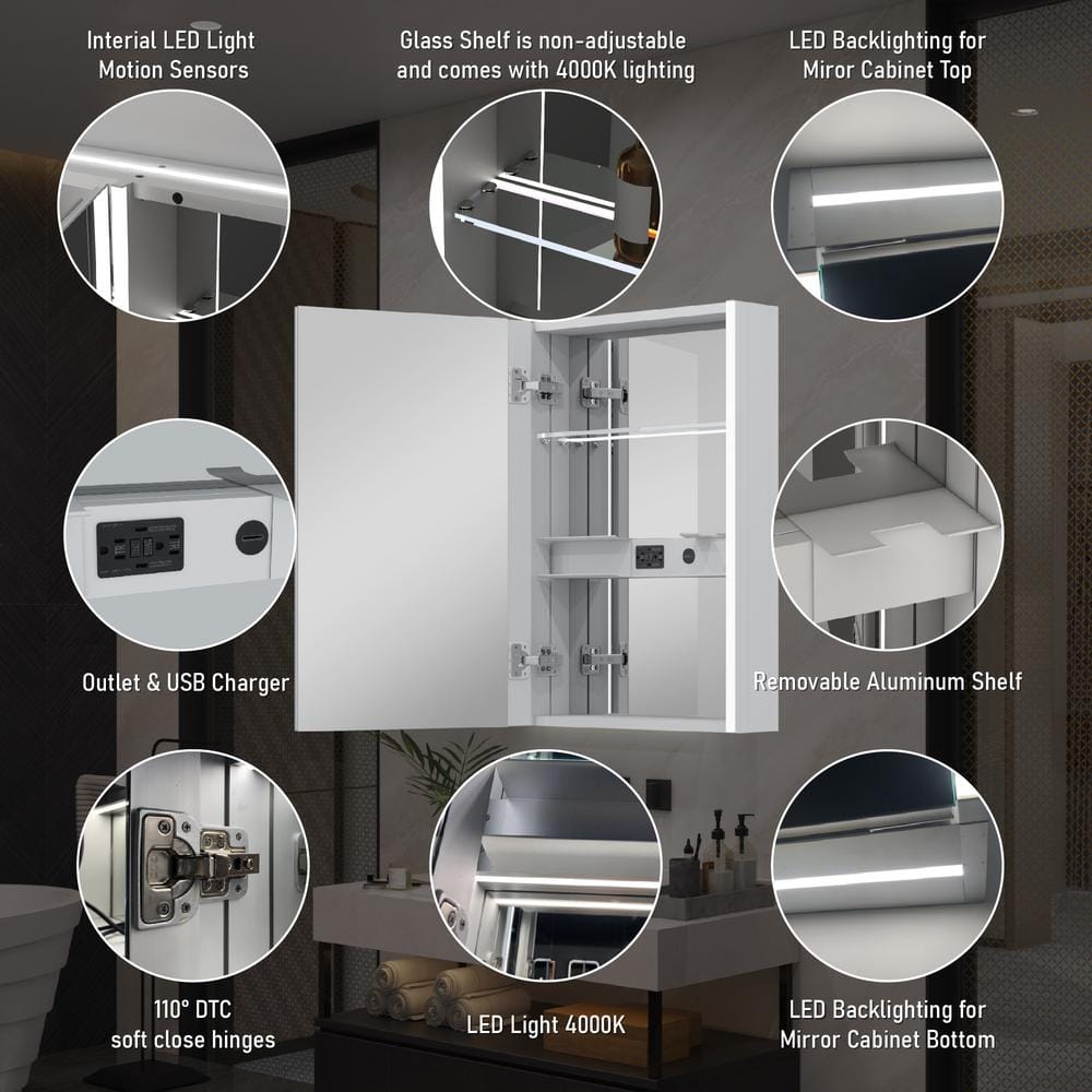 WELLFOR Chic 20 in. W x 30 in. H Rectangular Aluminum Medicine Cabinet with Mirror, LED Lights, Anti-Fog, Left Soft Close Door