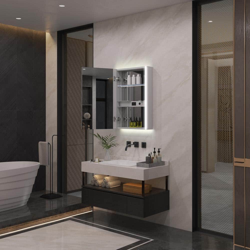 WELLFOR Chic 20 in. W x 30 in. H Rectangular Aluminum Medicine Cabinet with Mirror, LED Lights, Anti-Fog, Left Soft Close Door