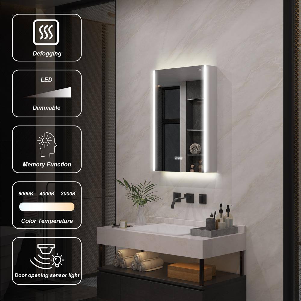 WELLFOR Chic 20 in. W x 30 in. H Rectangular Aluminum Medicine Cabinet with Mirror, LED Lights, Anti-Fog, Left Soft Close Door