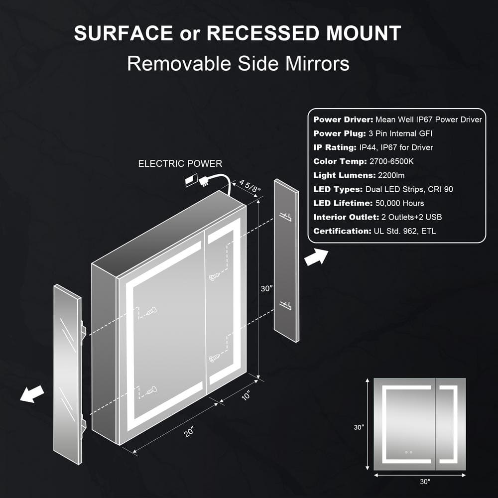 WELLFOR 30 in. W x 30 in. H Rectangular Aluminum Recessed or Surface Mount Medicine Cabinet with Mirror and Lighted,Double Doors