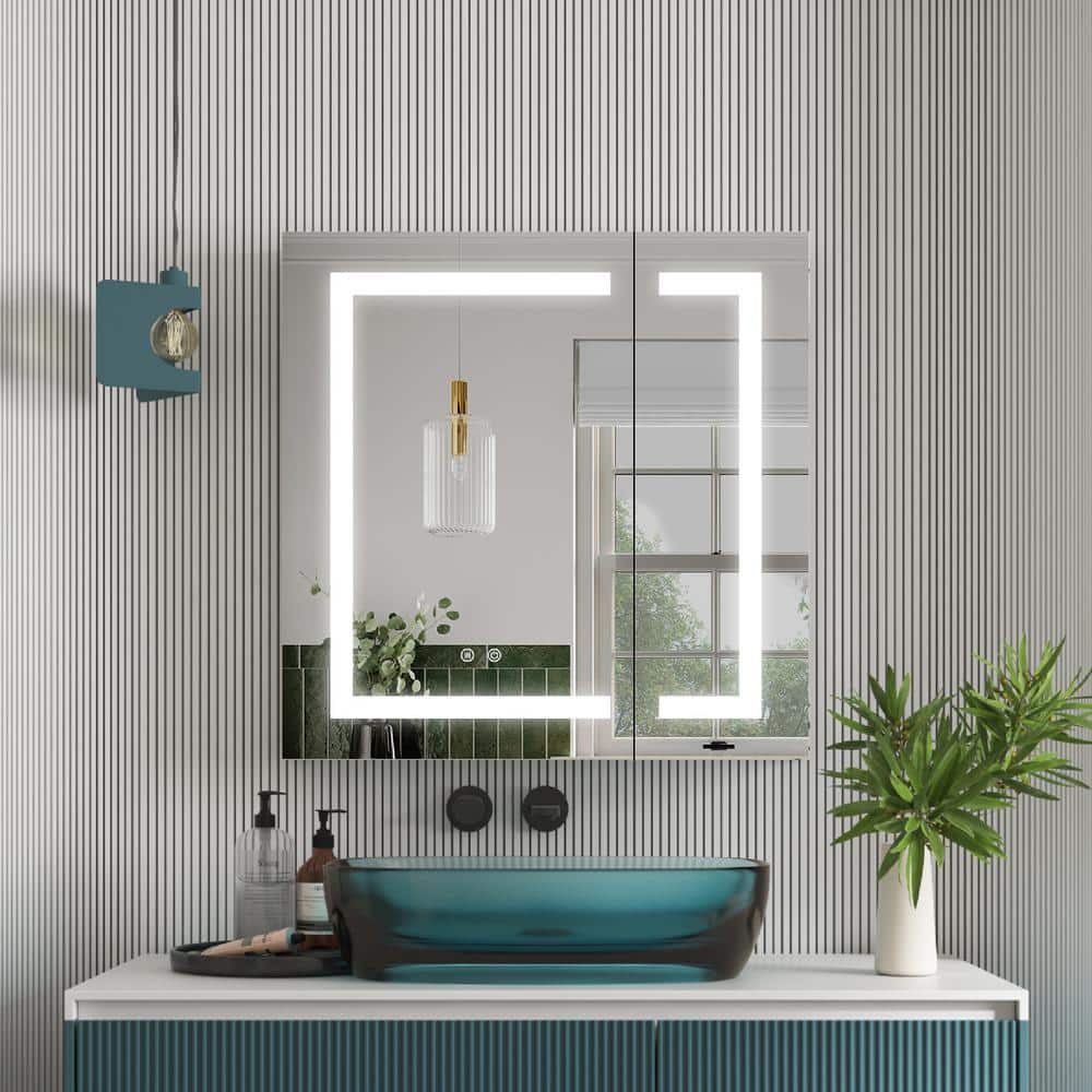 WELLFOR 30 in. W x 30 in. H Rectangular Aluminum Recessed or Surface Mount Medicine Cabinet with Mirror and Lighted,Double Doors