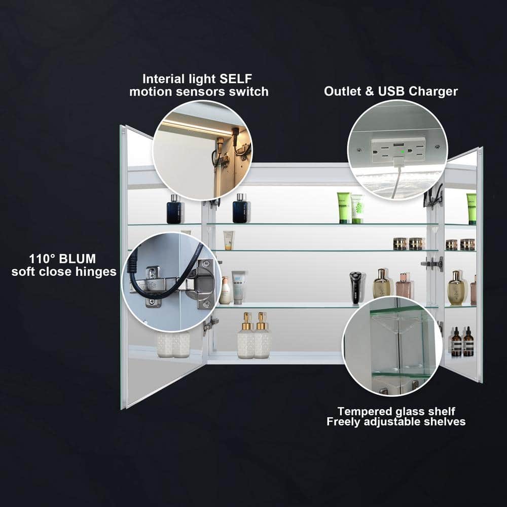 WELLFOR 30 in. W x 30 in. H Rectangular Aluminum Recessed or Surface Mount Medicine Cabinet with Mirror and Lighted,Double Doors